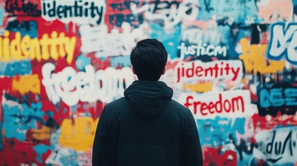 Obraz premium Person Facing Colorful Wall of Graffiti Art