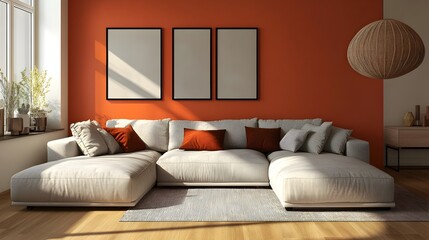 Cozy and inviting modern living room with plush sofas and cushions a cozy rug and a bright sunlit space accentuated by minimalist decor and framed wall art