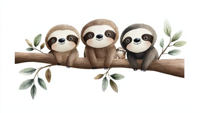 Three adorable sloths relaxing on a branch, showcasing their charming features and playful nature in a whimsical setting.