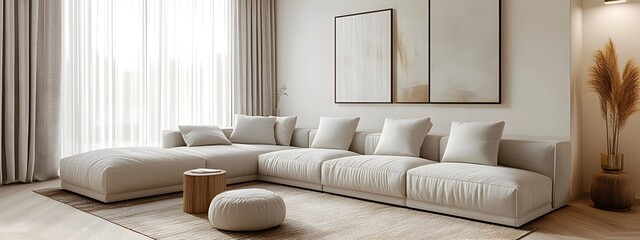 Cozy and inviting modern living room with a large comfortable sectional sofa and minimalist stylish decor  The accent pieces and artwork add personality and character