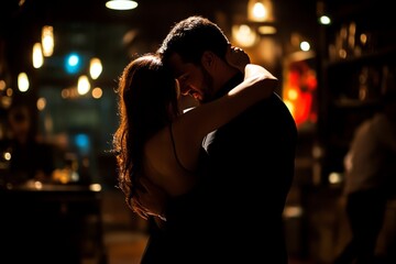 A romantic couple shares an intimate moment in a cozy bar. The warm lighting sets a passionate mood. Ideal for romantic themes and love stories. Generative AI