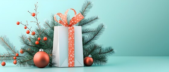 Personalized holiday gift bag with custom name tag festive ribbon and 3D of Christmas tree ornaments and pine branches  Suitable for retail marketing or seasonal greeting card design