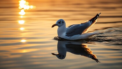 Serene Seagull Gliding Over Calm Waters Reflected in the Golden Hues of Sunset