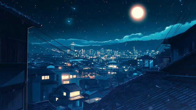 Moonlit cityscape view from a rooftop with distant skyline and stars. Seamless looping 4k time-lapse video background.