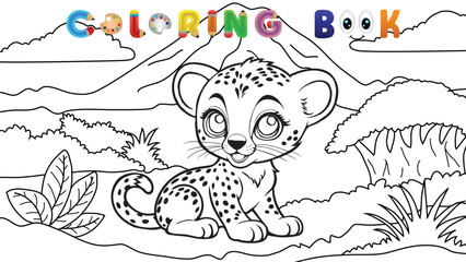 Cute cheetah cub in safari landscape, coloring book illustration