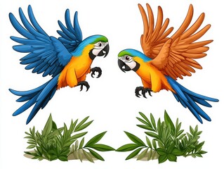Fototapeta premium Two colorful parrots in flight above lush greenery, showcasing vibrant feathers and lively poses in a tropical scene.