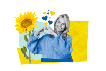 Creative collage of black white effect person arms demonstrate heart symbol ukraine blue yellow colors sunflower isolated on paper background