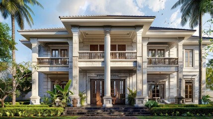 Fototapeta premium Elegant White Mansion with Palm Trees