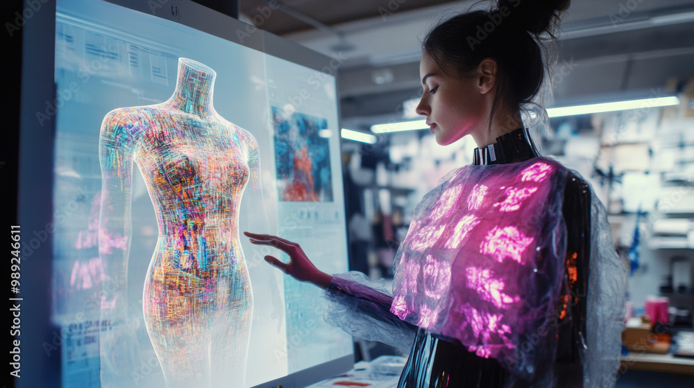 Aufkleber fashion designer interacts with digital display, visualizing patterns on mannequin. scene captures b