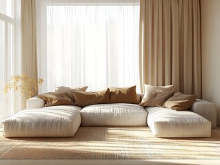 Fototapeta premium Cozy and inviting modern living room with a large comfortable sectional sofa minimalist stylish decor bright daylight filtering through sheer curtains plush fabrics clean lined furnishings