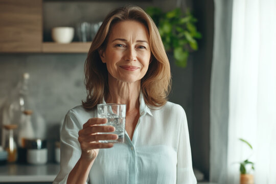 Happy healthy woman of middle age holding glass of clear water for body hydration. Morning daily hydrating treatment - Powered by Adobe
