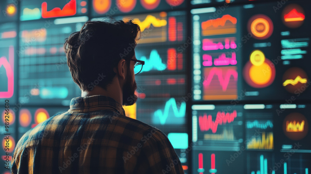 Poster graphic designer analyzing data visualizations on digital screen, showcasing vibrant charts and grap