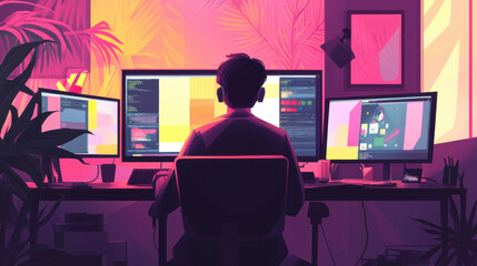 graphic designer working with multiple monitors, utilizing AI tools to enhance productivity and automate repetitive tasks. vibrant colors and plants create inspiring workspace