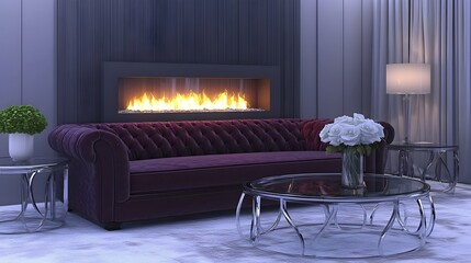 Serene and inviting 3D rendered living area showcasing a deep chenille sofa modern glass and metal end tables and a striking wall mounted fireplace that exudes a warm cozy glow