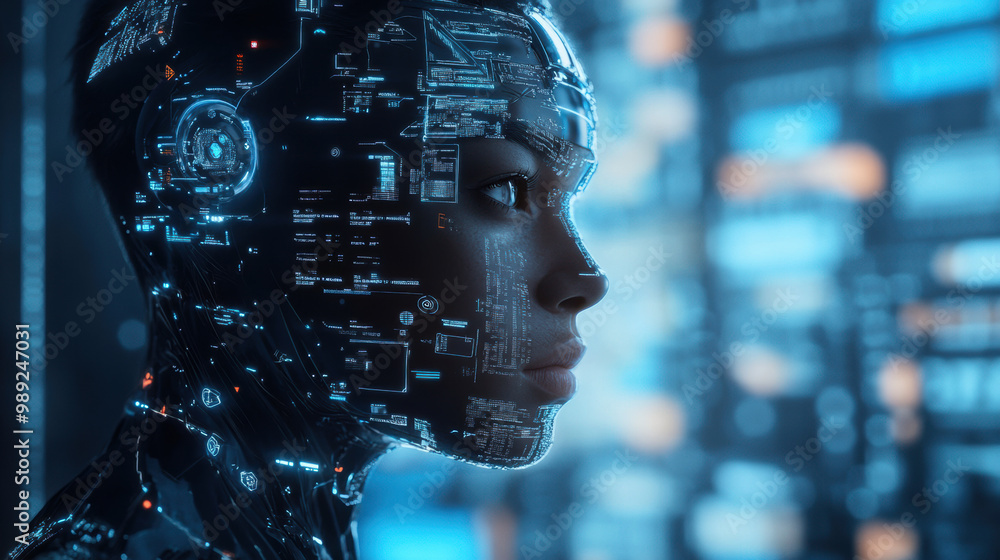Poster futuristic humanoid robot with sleek design and glowing circuitry is depicted in high tech environme