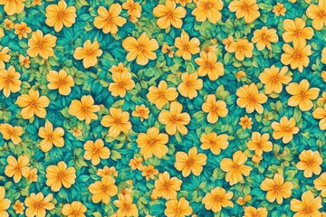 Vibrant floral pattern with yellow blossoms on green backdrop