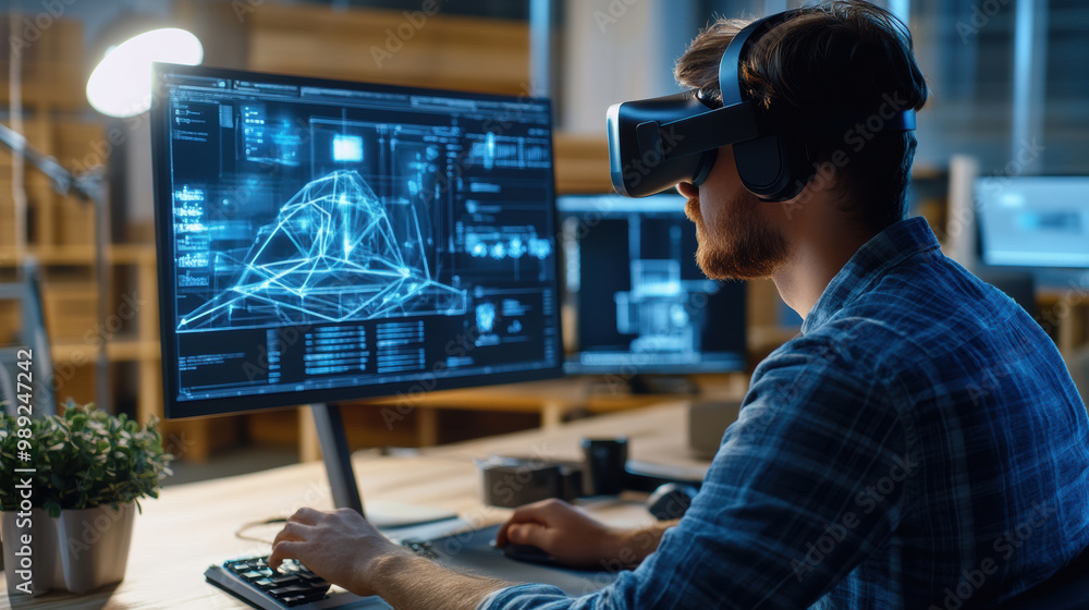 Poster product designer working with ai technology, wearing vr headset, is immersed in digital environment.