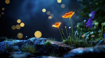 Vibrant flowers bloom in a mystical night setting, surrounded by soft bokeh lights and lush greenery for a serene ambiance.
