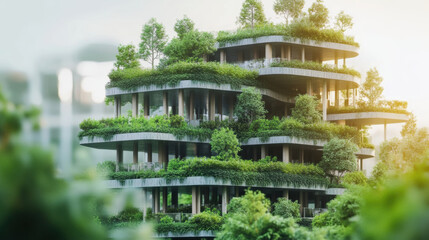 Naklejka premium Eco friendly architecture features lush greenery and innovative design, showcasing harmonious blend of nature and modern living. This building exemplifies sustainable urban development