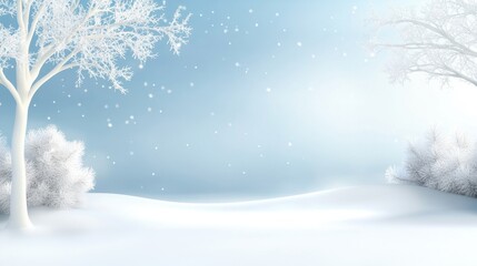 Fototapeta premium Quiet snowy landscape with gentle snowfall, white trees, and a pale blue sky, capturing the stillness and calm of a winter day.