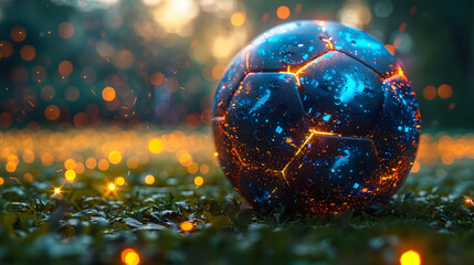 Fototapeta premium Glowing Soccer Ball on Green Grass 3D Illustration