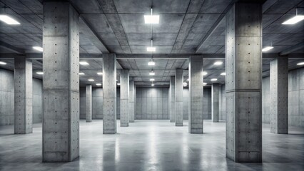 Empty industrial room with concrete pillars and ceiling lights illuminating the shiny floor