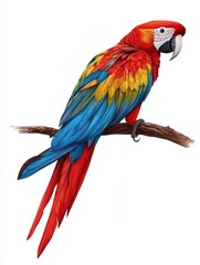 Fototapeta premium Vibrant macaw perched on a branch, showcasing stunning red, blue, and yellow feathers in a tropical setting.