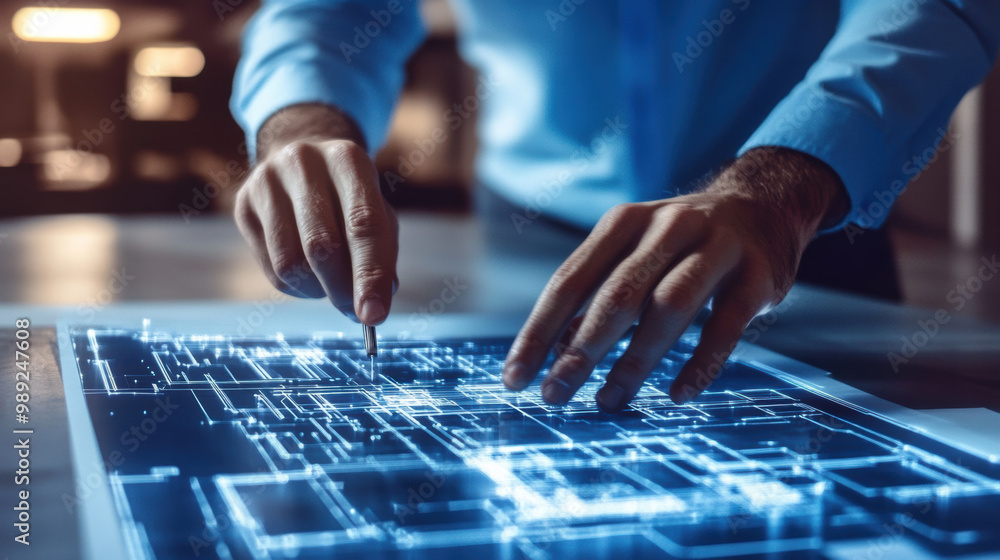 Poster person analyzing architectural blueprints with digital interface, showcasing intricate designs and t