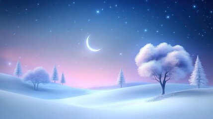 Naklejka premium Quiet winter night with snow-covered trees under a clear star-filled sky, soft moonlight glowing over the serene landscape.