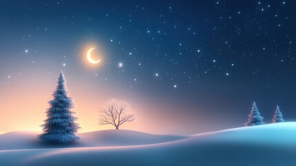 Fototapeta premium Quiet winter night with snow-covered trees under a clear star-filled sky, soft moonlight glowing over the serene landscape.