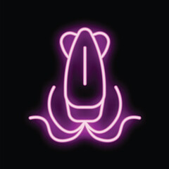 Fototapeta premium Glowing neon icon of a hot iron emitting steam on a black background