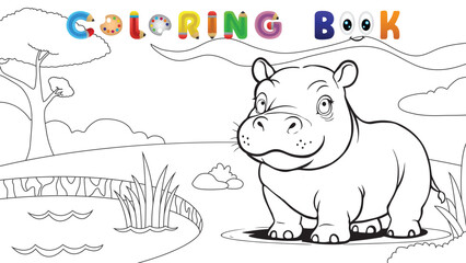 A baby hippo by the pond, fun animal coloring page