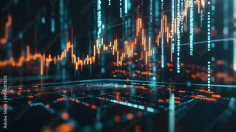 Poster digital stock market charts displaying fluctuating trends and data analysis in a futuristic financia