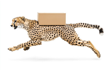 Cheetah running fast carrying cardboard box delivery concept