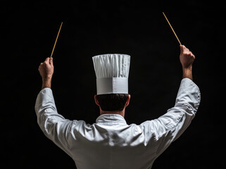 Chef holding chopsticks conducting food orchestra on black background