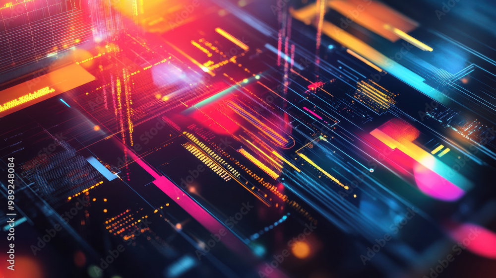 Poster vibrant digital abstract background featuring colorful lines and glowing elements, representing tech