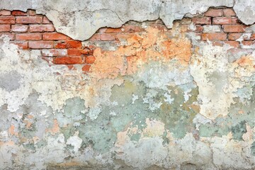 Weathered Brick Wall with Peeling Paint and Exposed Mortar