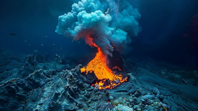 A dramatic underwater scene capturing a deep-sea volcano erupting fiercely, showcasing the power of nature&rsquo;s fury.