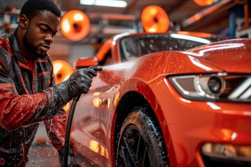 African American male in a dark jacket using high-pressure water jet to clean a red car. precision and thoroughness in automotive cleaning work.