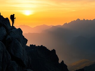 Hiker on mountain peak at sunrise, AI generated