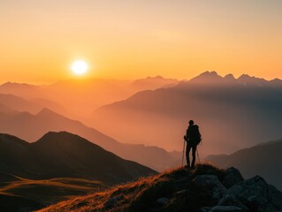 Obraz premium Hiker on mountain peak at sunrise, AI generated