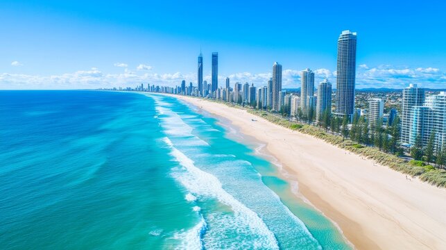 An aerial view of the Gold Coast beach and skyline on a sunny day 