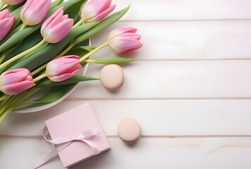 Fototapeta premium Pink Tulips, Macarons & Gift Box on White Wooden Table