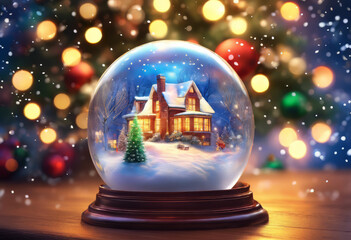 A snow globe with a house and a tree inside