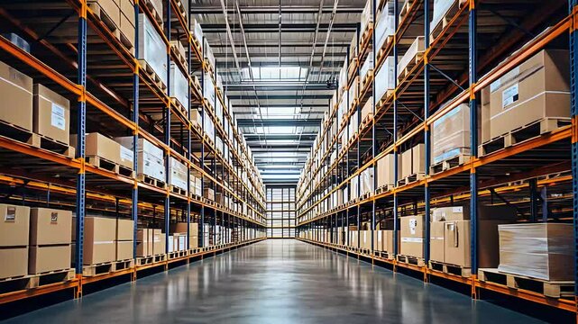 Large industrial warehouse with rows of shelves stacked with cardboard boxes, highlighting logistics, storage, and supply chain operations.

