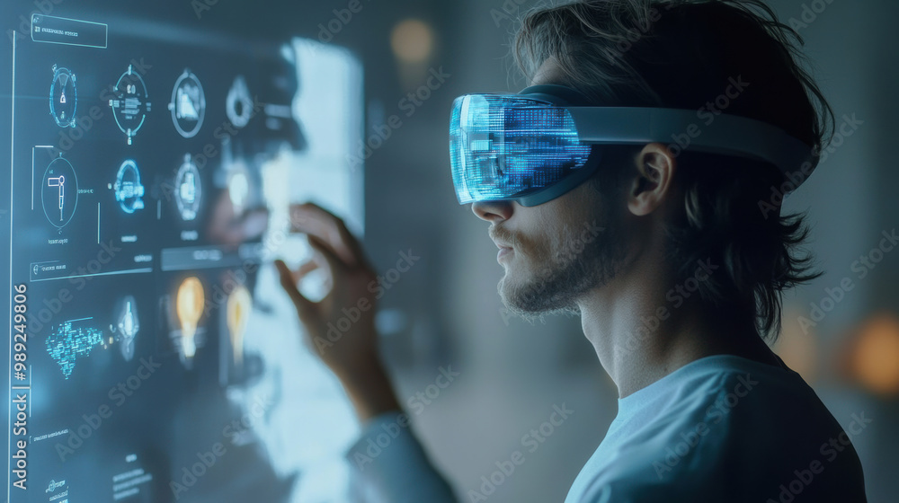 Poster immersive technology is showcased as man interacts with futuristic interface using virtual reality h