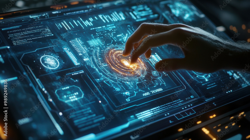 Poster hand interacting with futuristic touchscreen interface displaying complex data and graphics, showcas