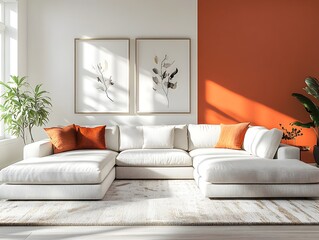 Cozy and inviting modern Scandinavian living room with a large comfortable sectional sofa minimalist stylish decor bright walls and natural light creating a warm and relaxing atmosphere