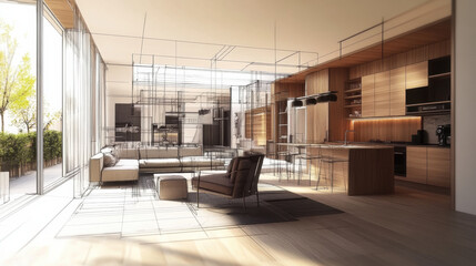 modern interior design concept showcasing open living space with kitchen and lounge area. architectural lines emphasize spatial layout, creating harmonious blend of comfort and style