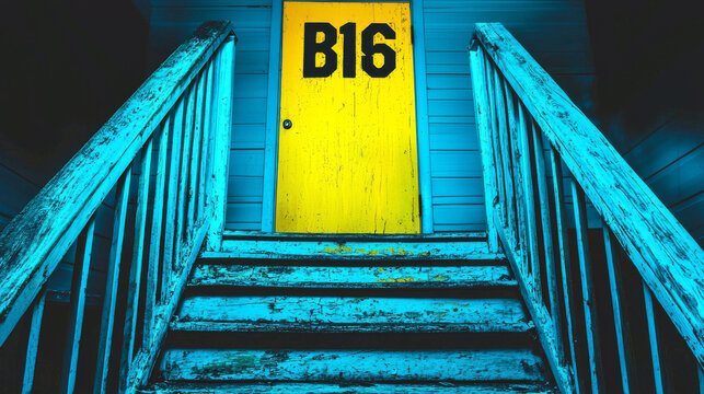 A worn wooden staircase leads to a bright yellow door with the number B16.